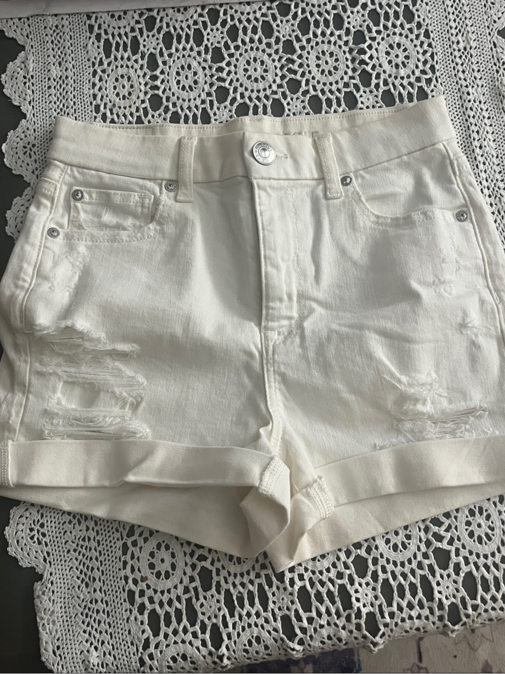 American Eagle Outfitters Cream Distressed Cuffed Jean Shorts